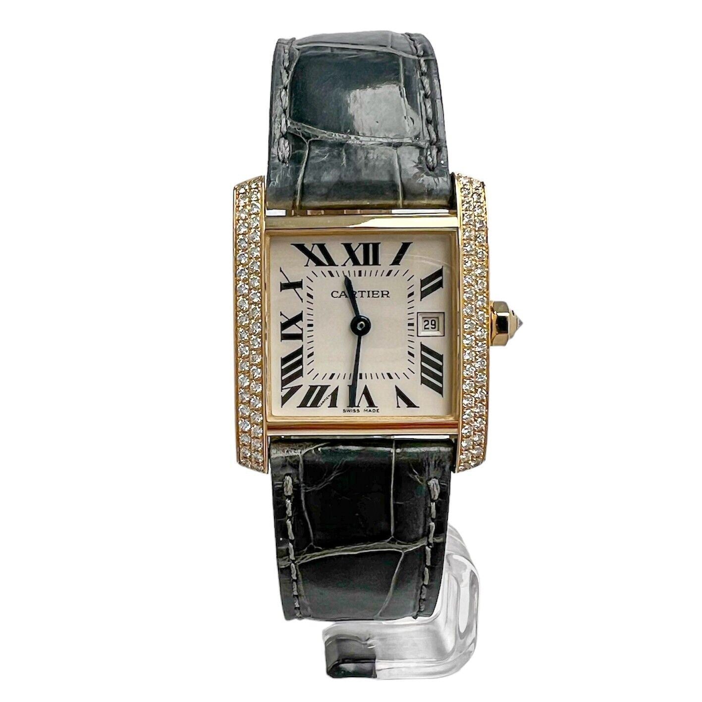 Cartier Tank Francaise 2466 18k Gold Diamond Bezel Green Strap Watch BOX PAPERS