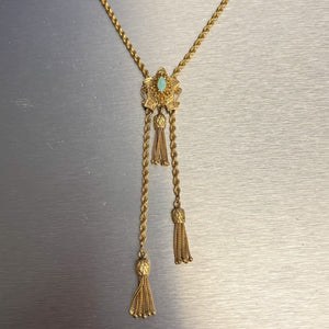 Antique Victorian 14k Gold Marquise Opal Dangling Tassel Slider Necklace 24" 36g