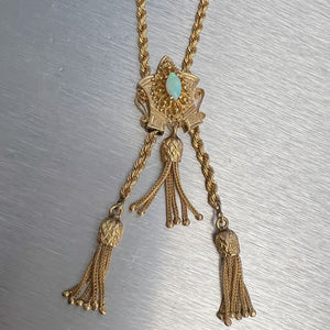 Antique Victorian 14k Gold Marquise Opal Dangling Tassel Slider Necklace 24" 36g