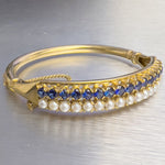 Antique Victorian 14k Yellow Gold Pearl Sapphire Hinged Bangle Bracelet 6.5"