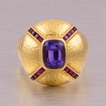 Vintage 18k Yellow Gold 2.75ct Cushion Tanzanite Ruby Hammered Dome Ring