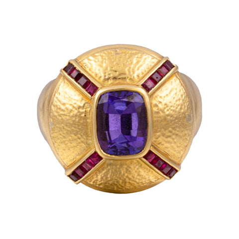 Vintage 18k Yellow Gold 2.75ct Cushion Tanzanite Ruby Hammered Dome Ring