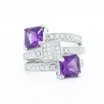 18K White Gold Diamond Amethyst Triple Row Triple Square Ring 0.50ctw Size 6.25