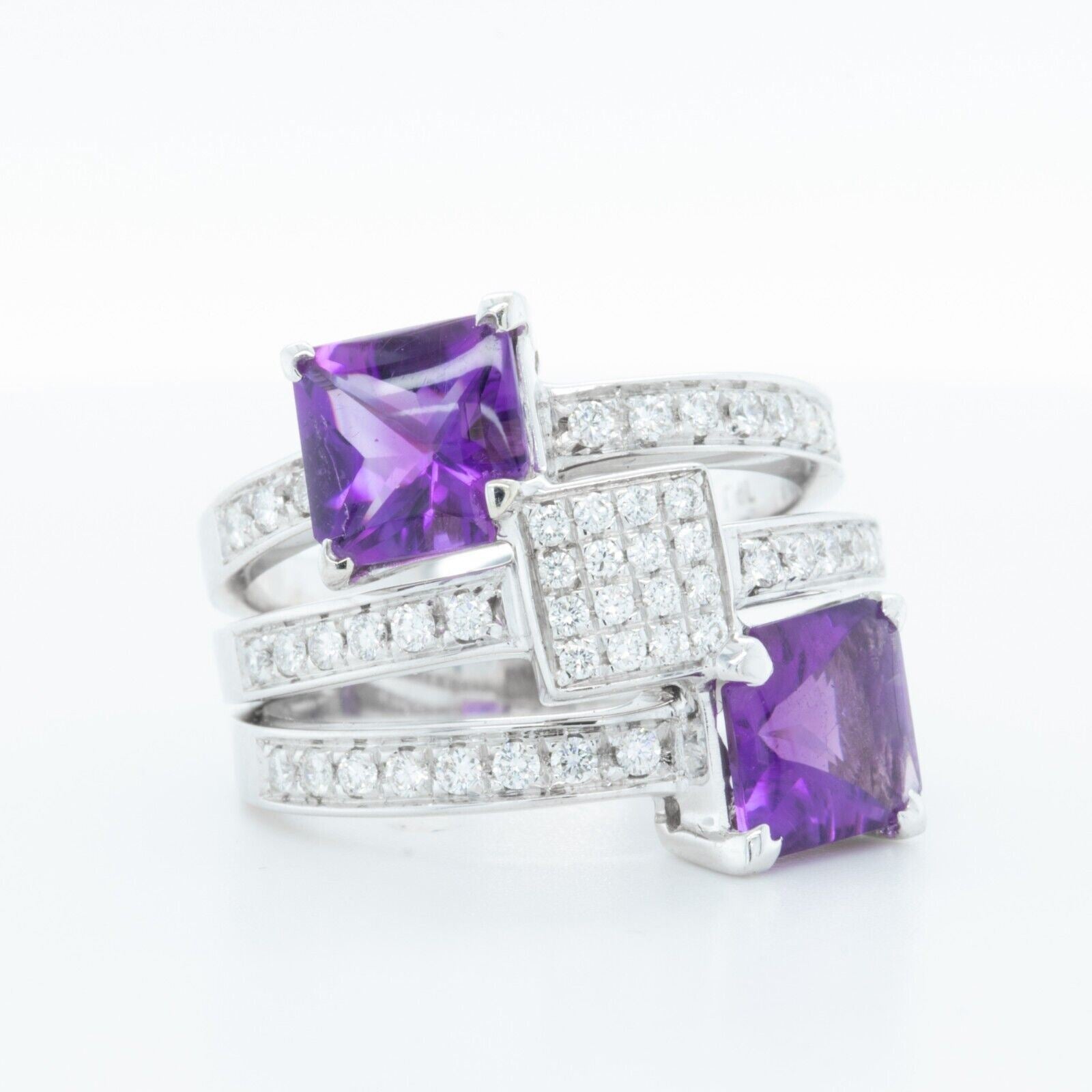 18K White Gold Diamond Amethyst Triple Row Triple Square Ring 0.50ctw Size 6.25