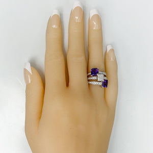 18K White Gold Diamond Amethyst Triple Row Triple Square Ring 0.50ctw Size 6.25