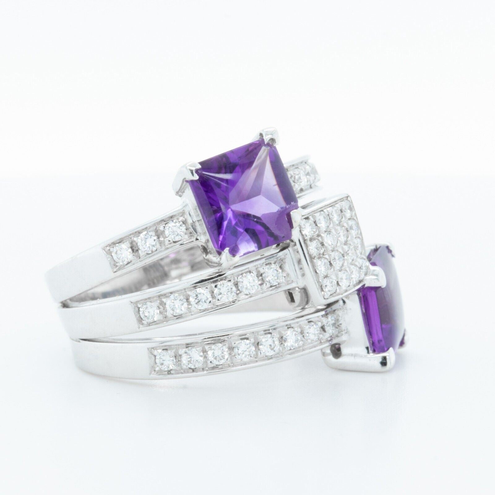 18K White Gold Diamond Amethyst Triple Row Triple Square Ring 0.50ctw Size 6.25