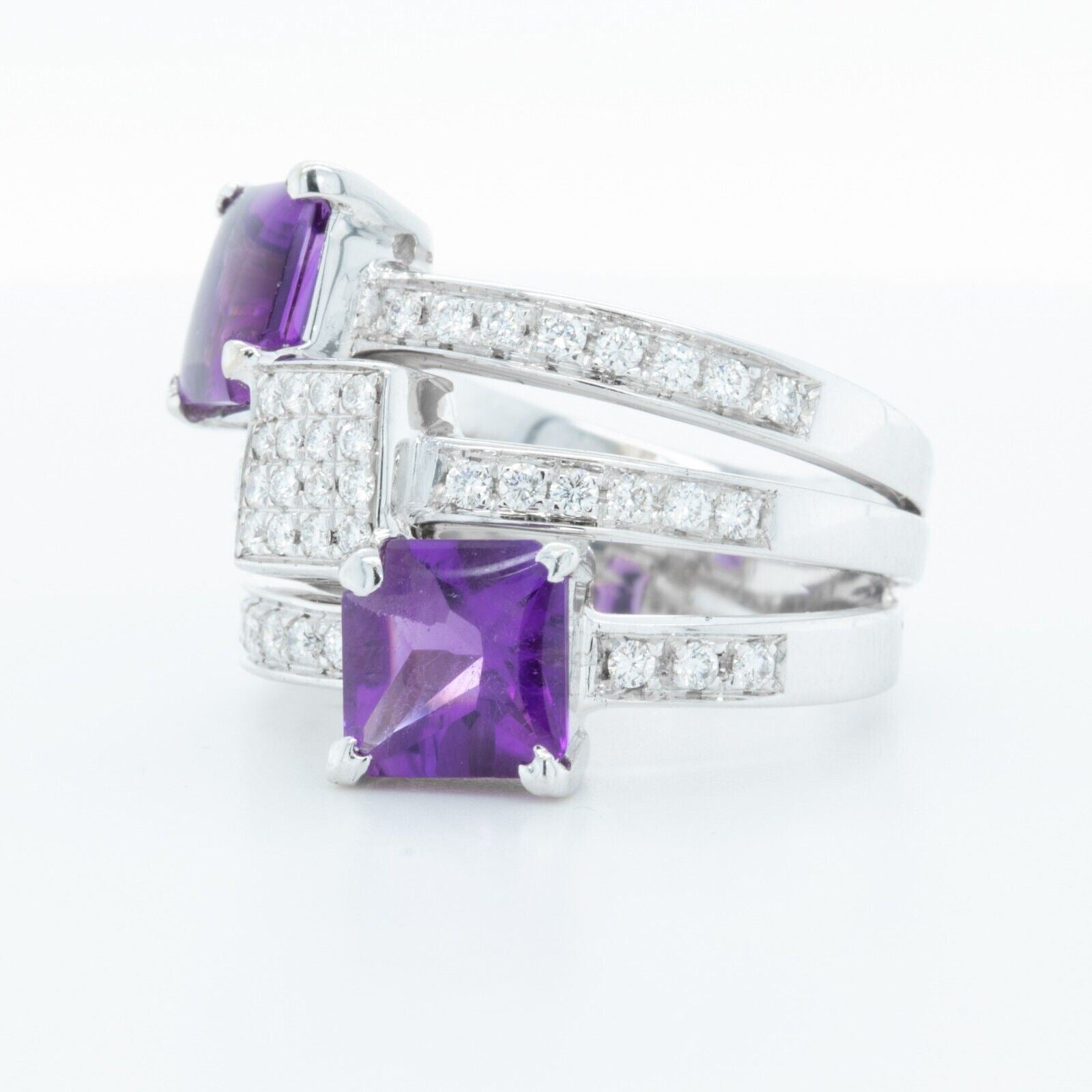 18K White Gold Diamond Amethyst Triple Row Triple Square Ring 0.50ctw Size 6.25