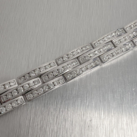 18k White Gold Diamond 3 Row Interlocking Link 12mm Chain Bracelet 7" 7.56ctw