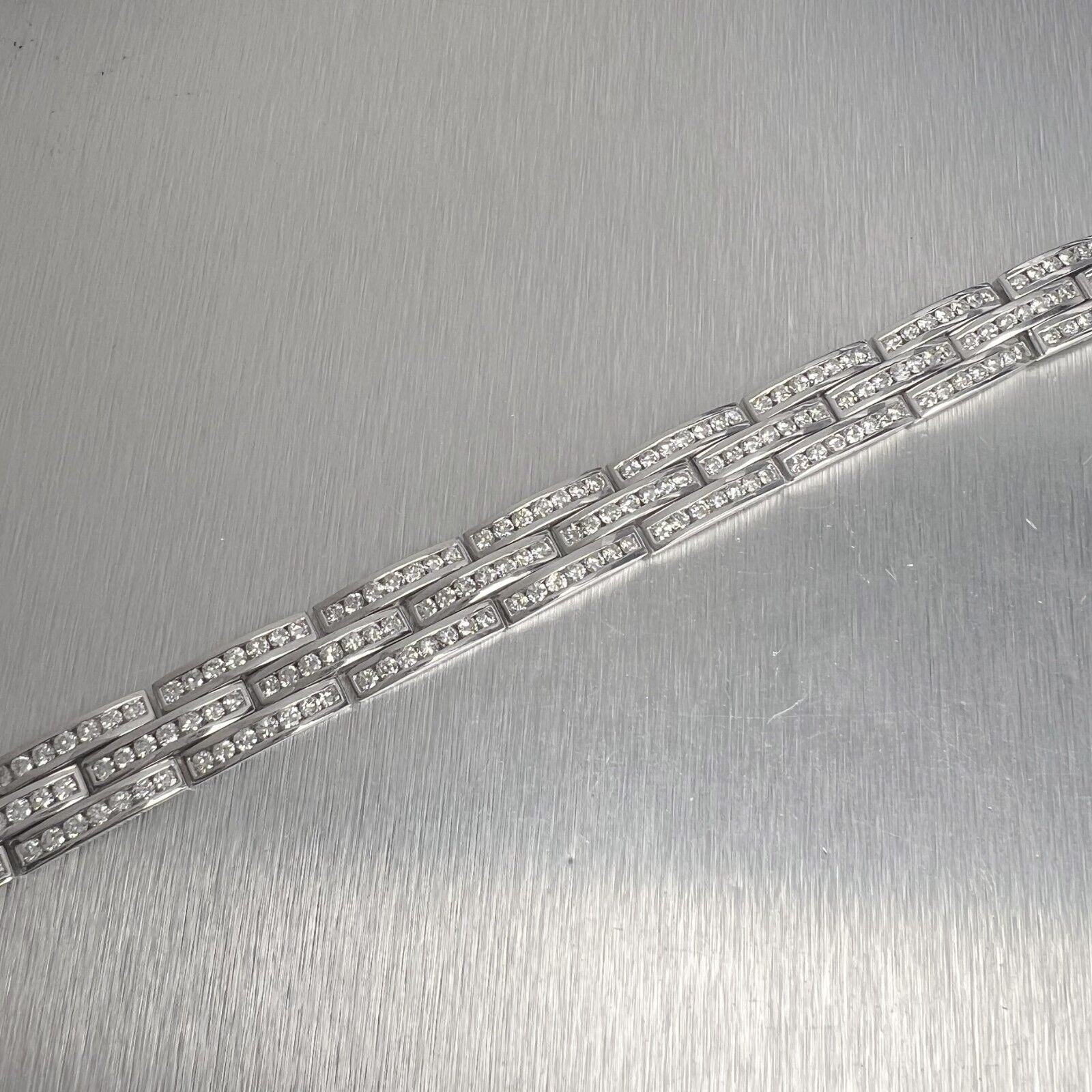 18k White Gold Diamond 3 Row Interlocking Link 12mm Chain Bracelet 7" 7.56ctw