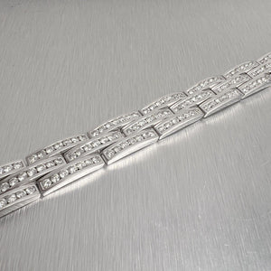 18k White Gold Diamond 3 Row Interlocking Link 12mm Chain Bracelet 7" 7.56ctw