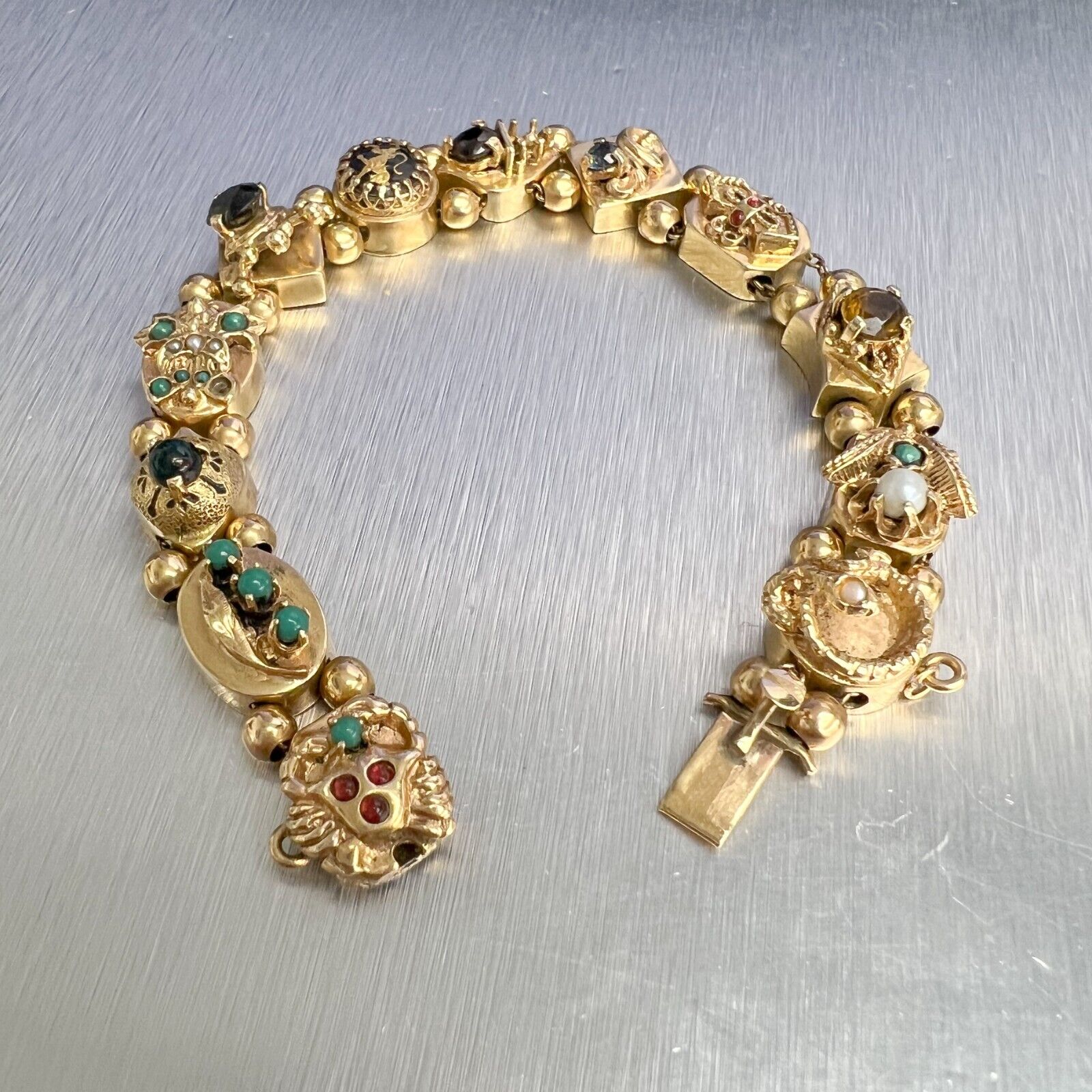 Vintage 14k Yellow Gold Pearl & Gemstones Lion Snake Crown Charm Bracelet 30g