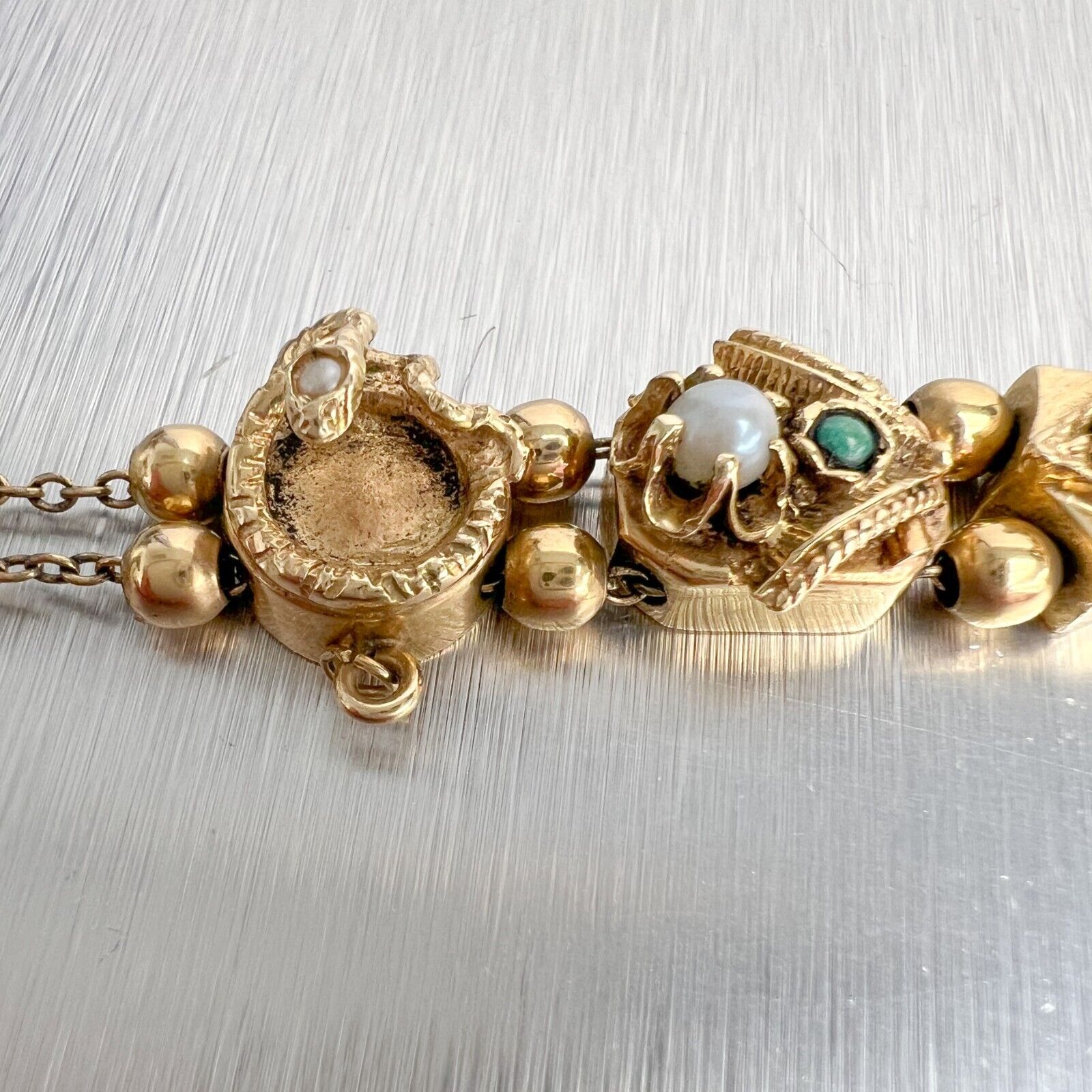 Vintage 14k Yellow Gold Pearl & Gemstones Lion Snake Crown Charm Bracelet 30g