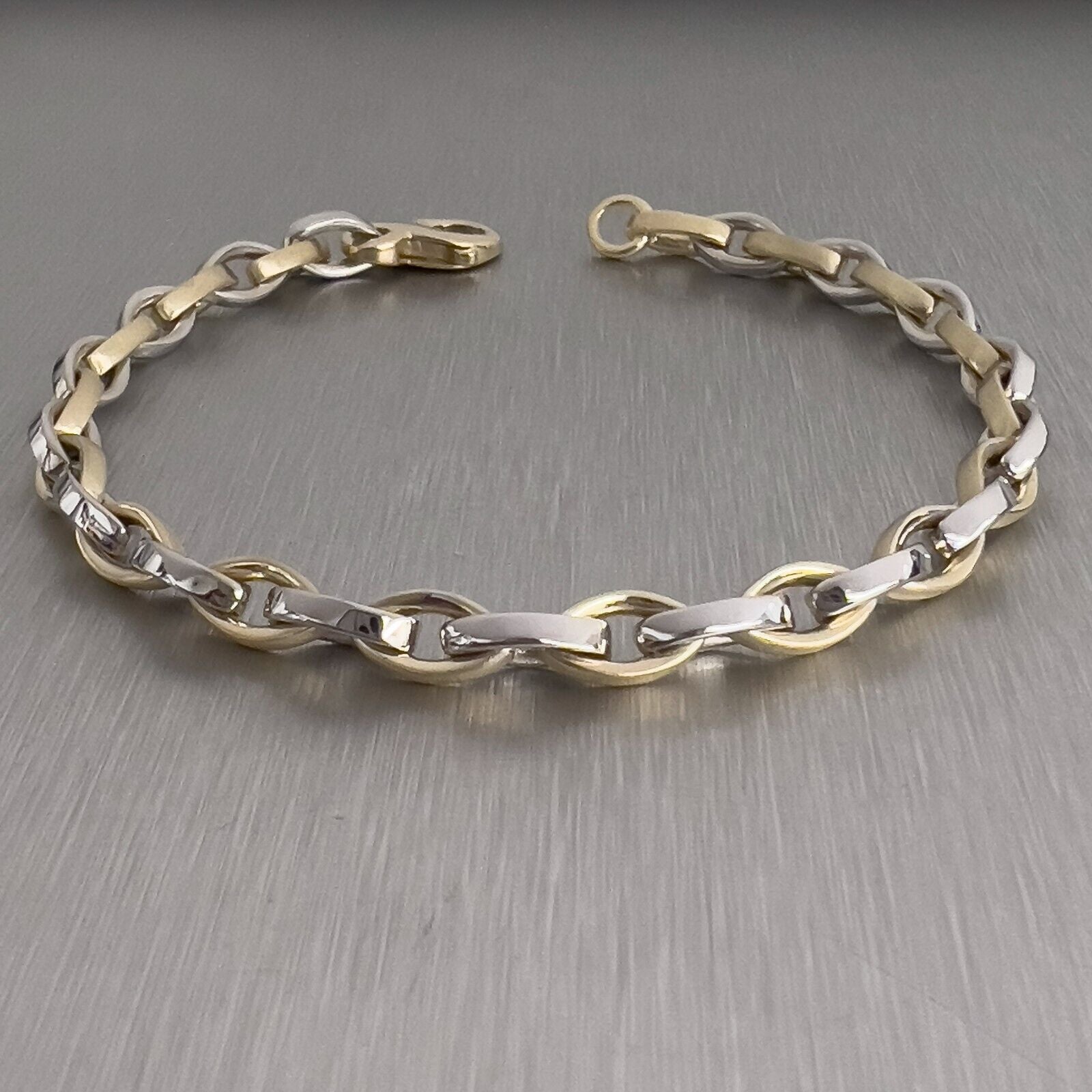 14k White & Yellow Gold Two Tone Fancy Marquise Link Chain Bracelet 8" 19.6g