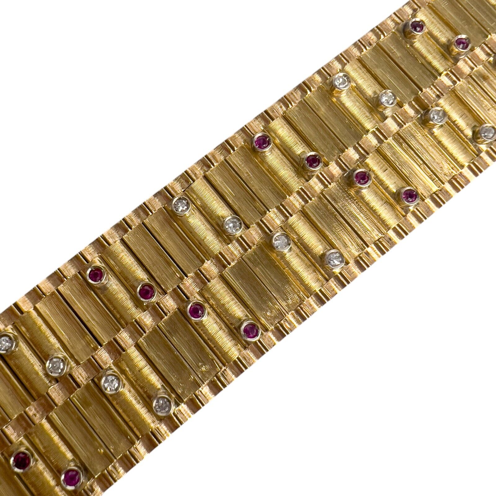 18k Yellow Gold Diamond & Ruby Bark Finish Link Hidden Clasp Bracelet 6.75" ~79g