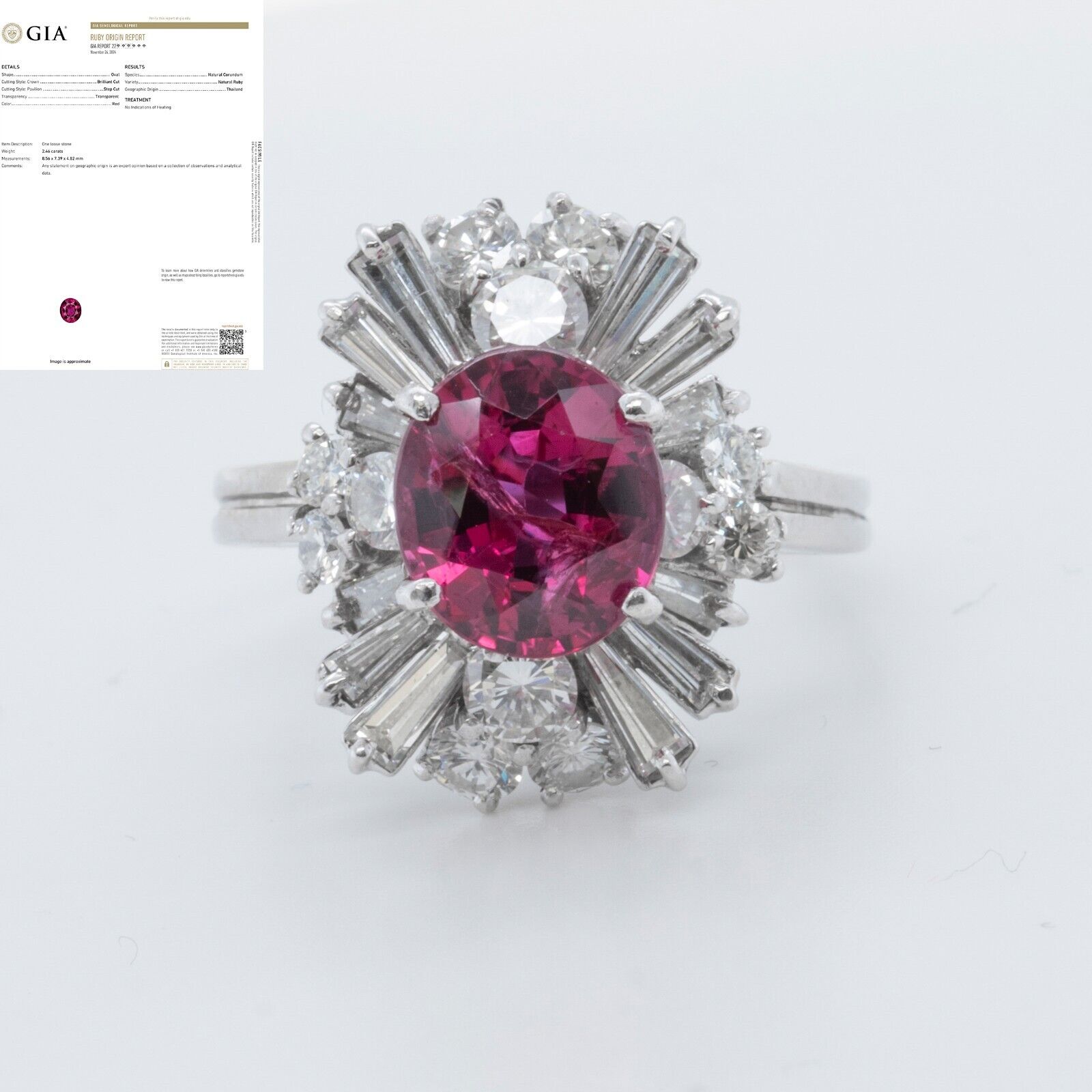 18k White Gold GIA 2.46ct Oval Ruby & Baguette Diamond Ballerina Ring 0.65ctw s6