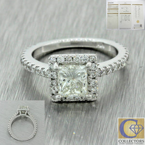 Modern 14k White Gold 1.41ctw Princess GIA Diamond Halo Engagement Ring