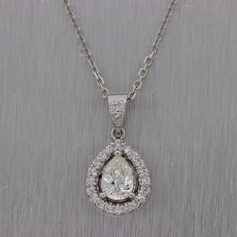 Pear Shape 0.69ct GIA 14k White Gold 0.94ctw Diamond Halo Teardrop 19" Necklace