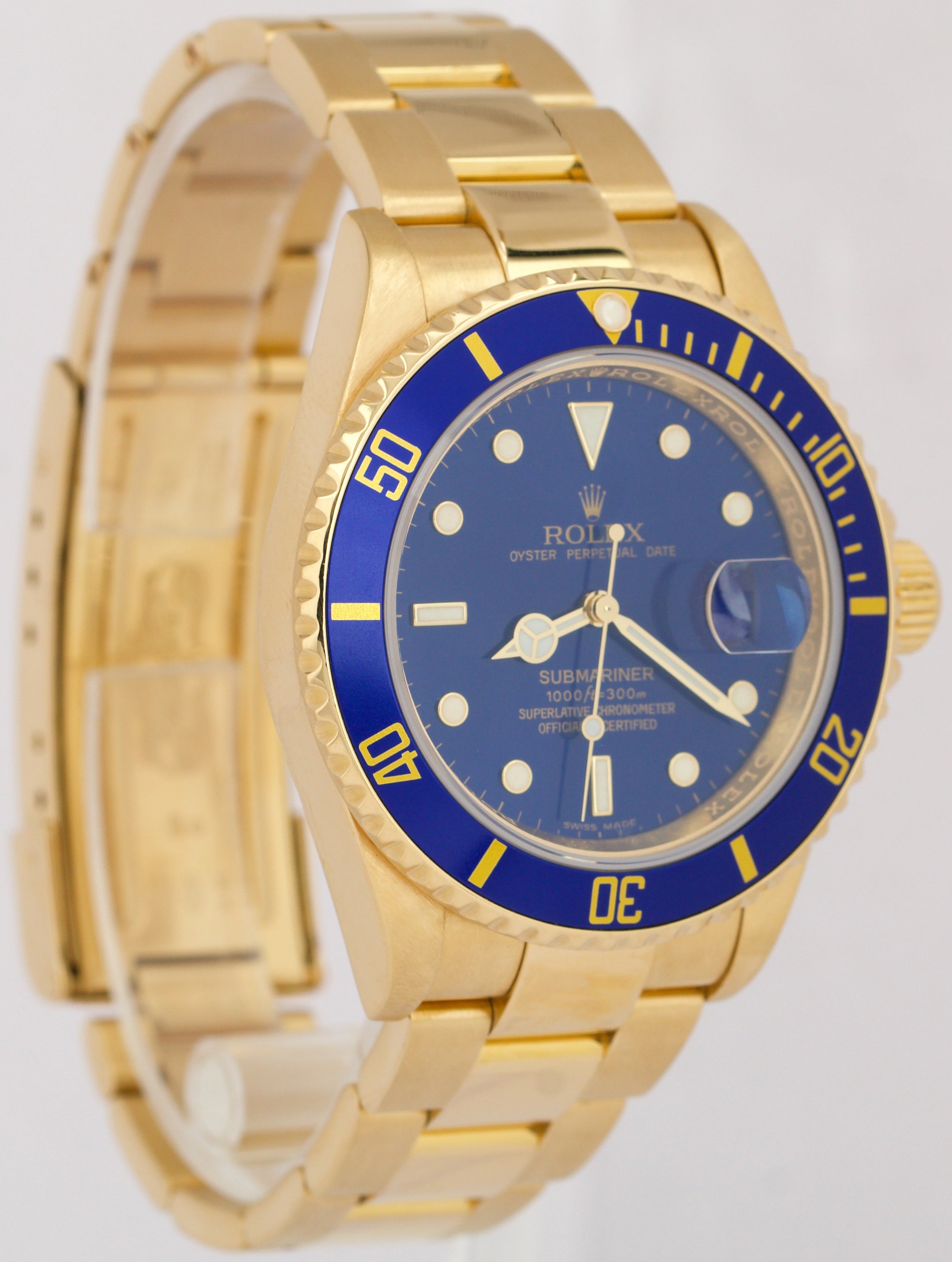 Rolex Submariner Date BLUE 18K Yellow Gold REHAUT 40mm Watch 16618 Watch BOX