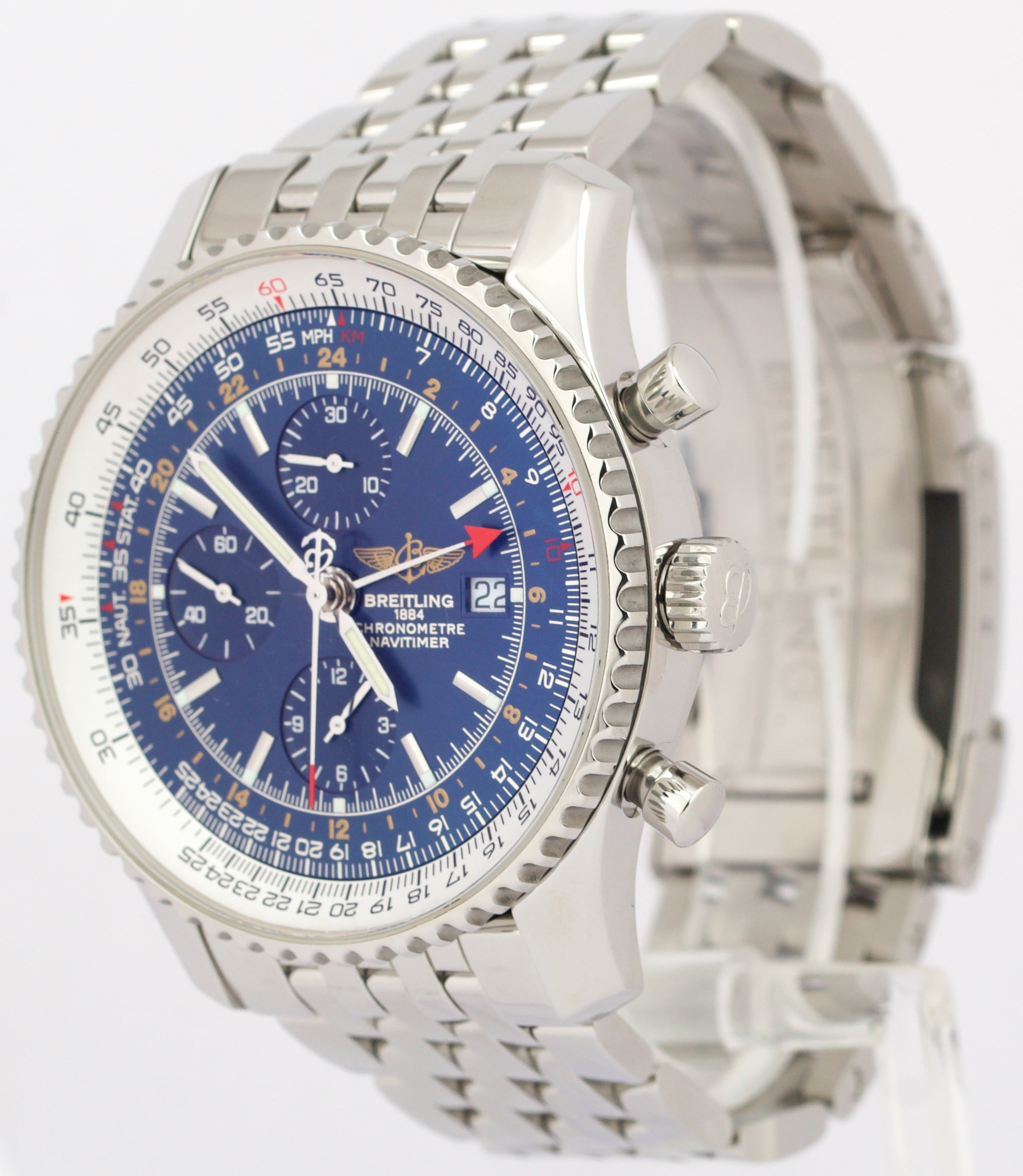 MINT PAPERS Breitling Navitimer World GMT BLUE Steel Chronograph 46mm A24322 BOX