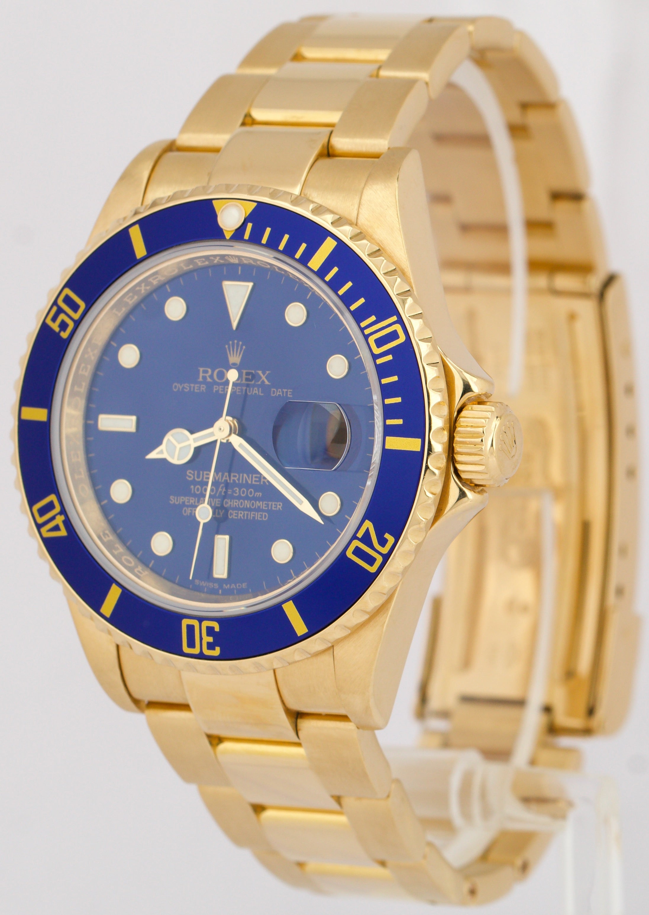 Rolex Submariner Date BLUE 18K Yellow Gold REHAUT 40mm Watch 16618 Watch BOX