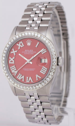 Rolex DateJust 36mm Red DIAMOND Stainless Steel Automatic Jubilee Watch 1601