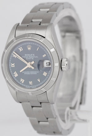 PAPERS Rolex Oyster Perpetual Date BLUE 26mm Engine-Turned Steel Watch 69190 BOX