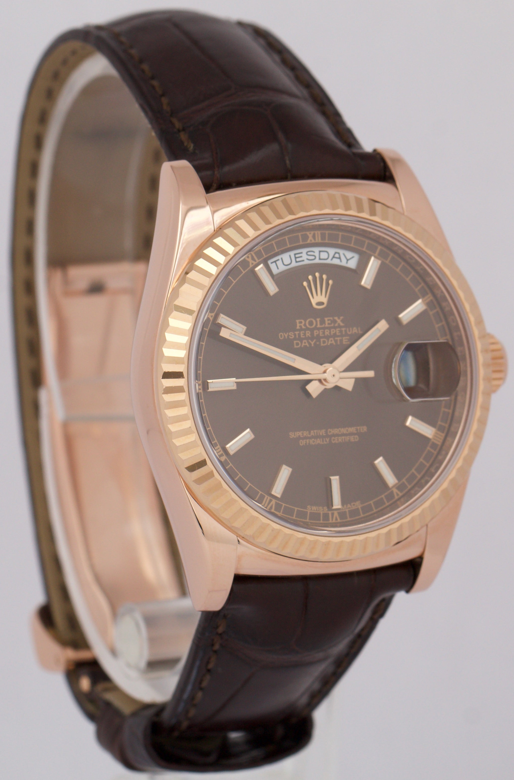 MINT Rolex Day-Date President 36mm CHOCOLATE Brown 18K Rose Gold Leather 118135