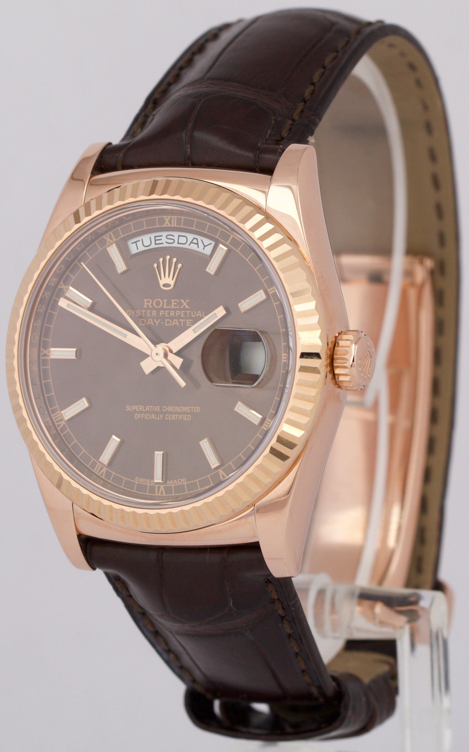 MINT Rolex Day-Date President 36mm CHOCOLATE Brown 18K Rose Gold Leather 118135