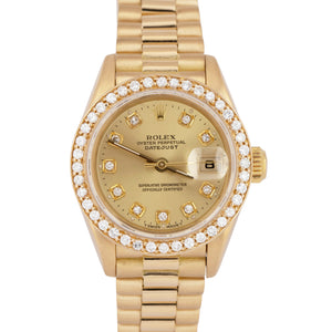 Ladies Rolex DateJust President 26mm Champagne DIAMOND 18K Gold Watch 69138