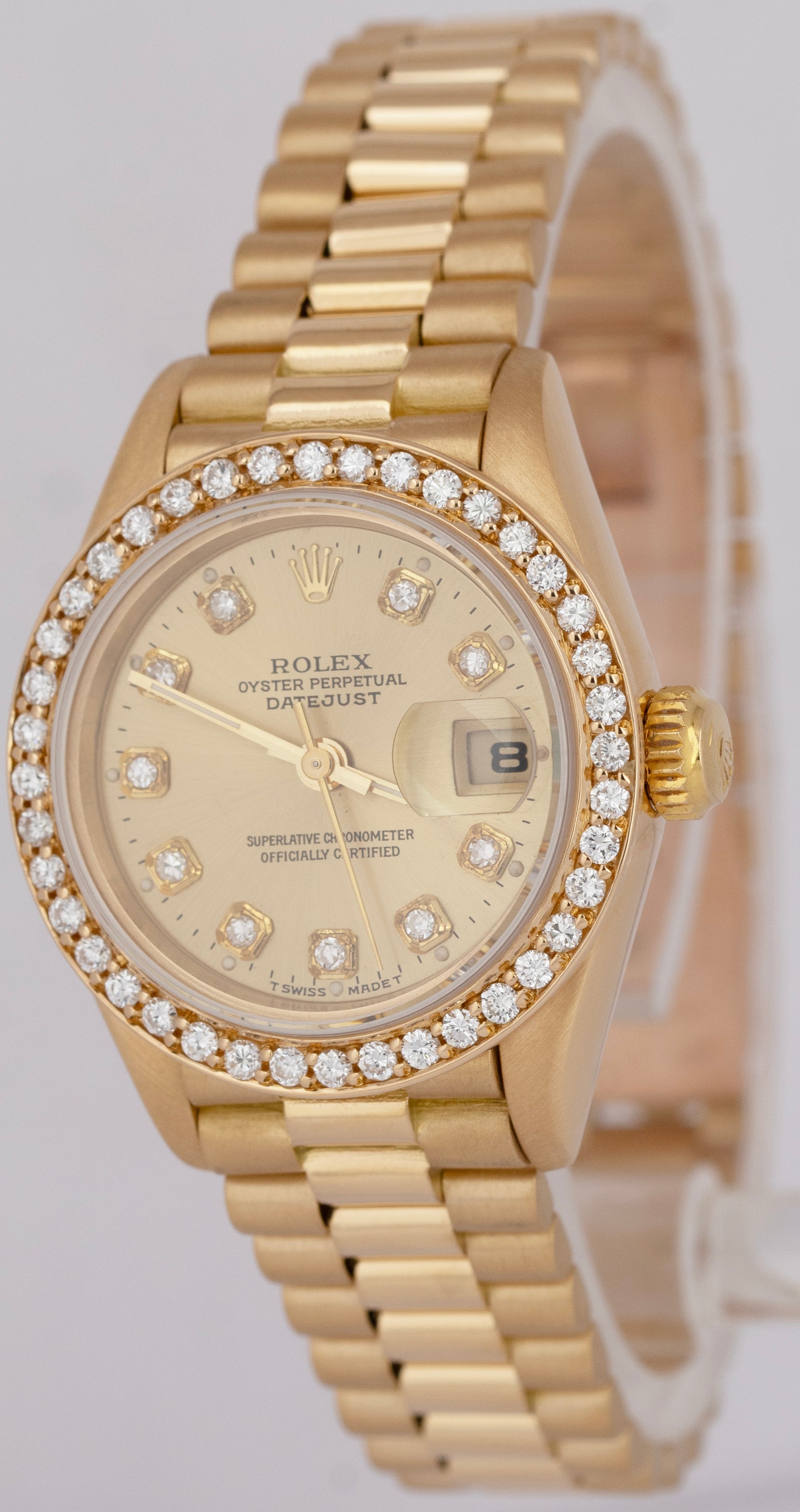 Ladies Rolex DateJust President 26mm Champagne DIAMOND 18K Gold Watch 69138