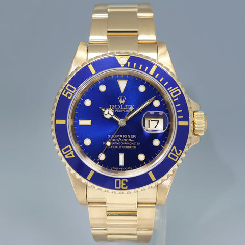 MINT Rolex 16618 Submariner Yellow Gold Blue Sunburst 40mm Watch Box