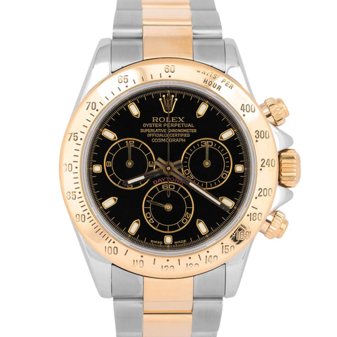 Rolex Daytona Cosmograph 40mm Black Two-Tone 18K Yellow Gold Steel Watch 116523