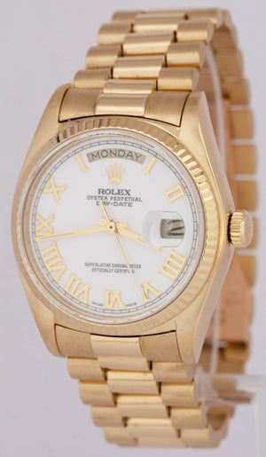 Rolex Day-Date President White Roman 36mm 18K Yellow Gold Fluted Watch 18038 BOX