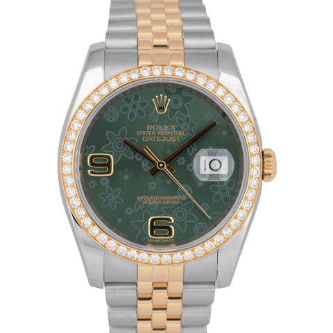 MINT Rolex DateJust 36mm Green Floral DIAMOND Two-Tone Gold Steel Watch 116243