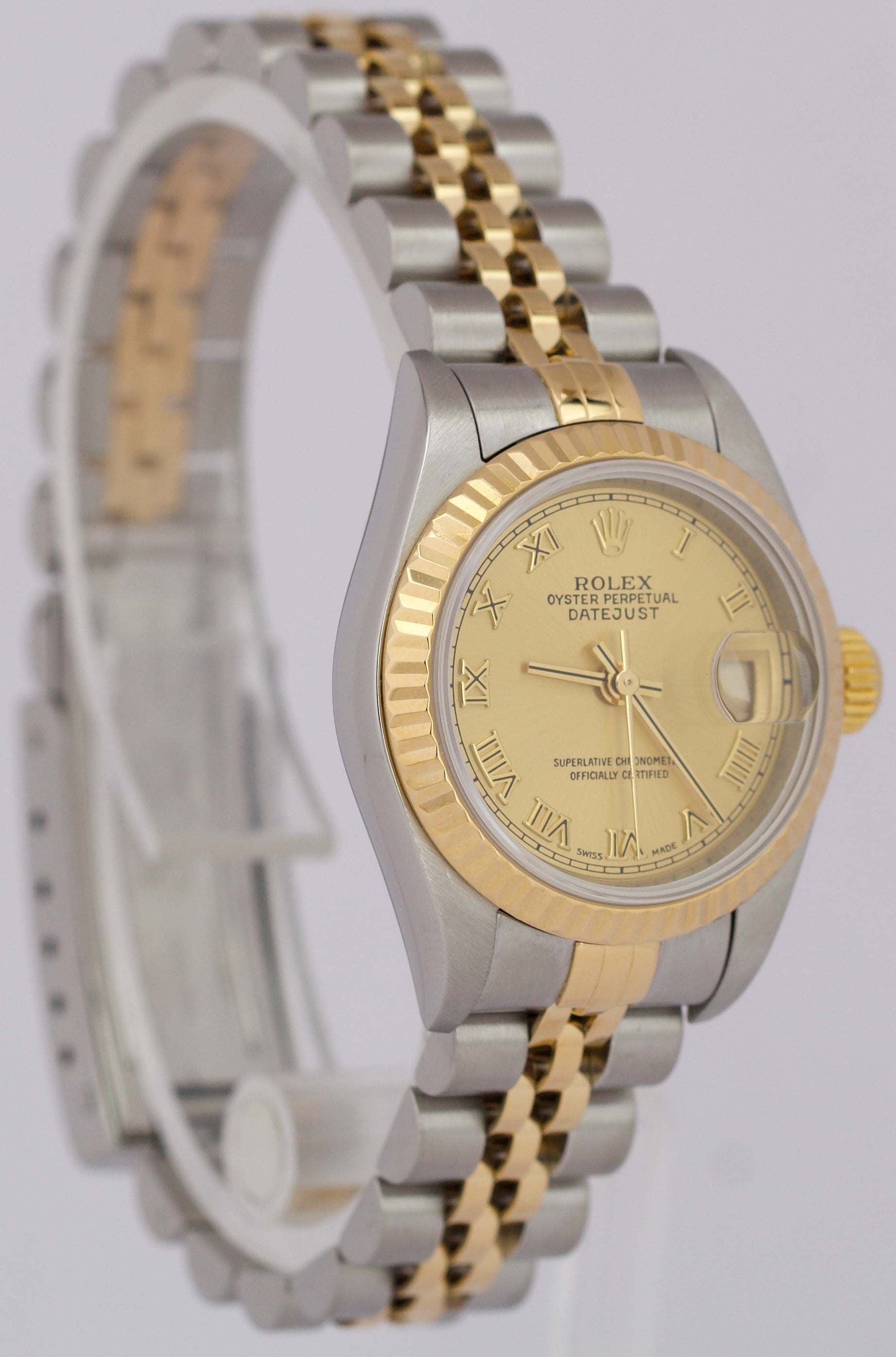 PAPERS Ladies Rolex DateJust CHAMPAGNE ROMAN 18K Gold 26mm JUBILEE 79173 BOX