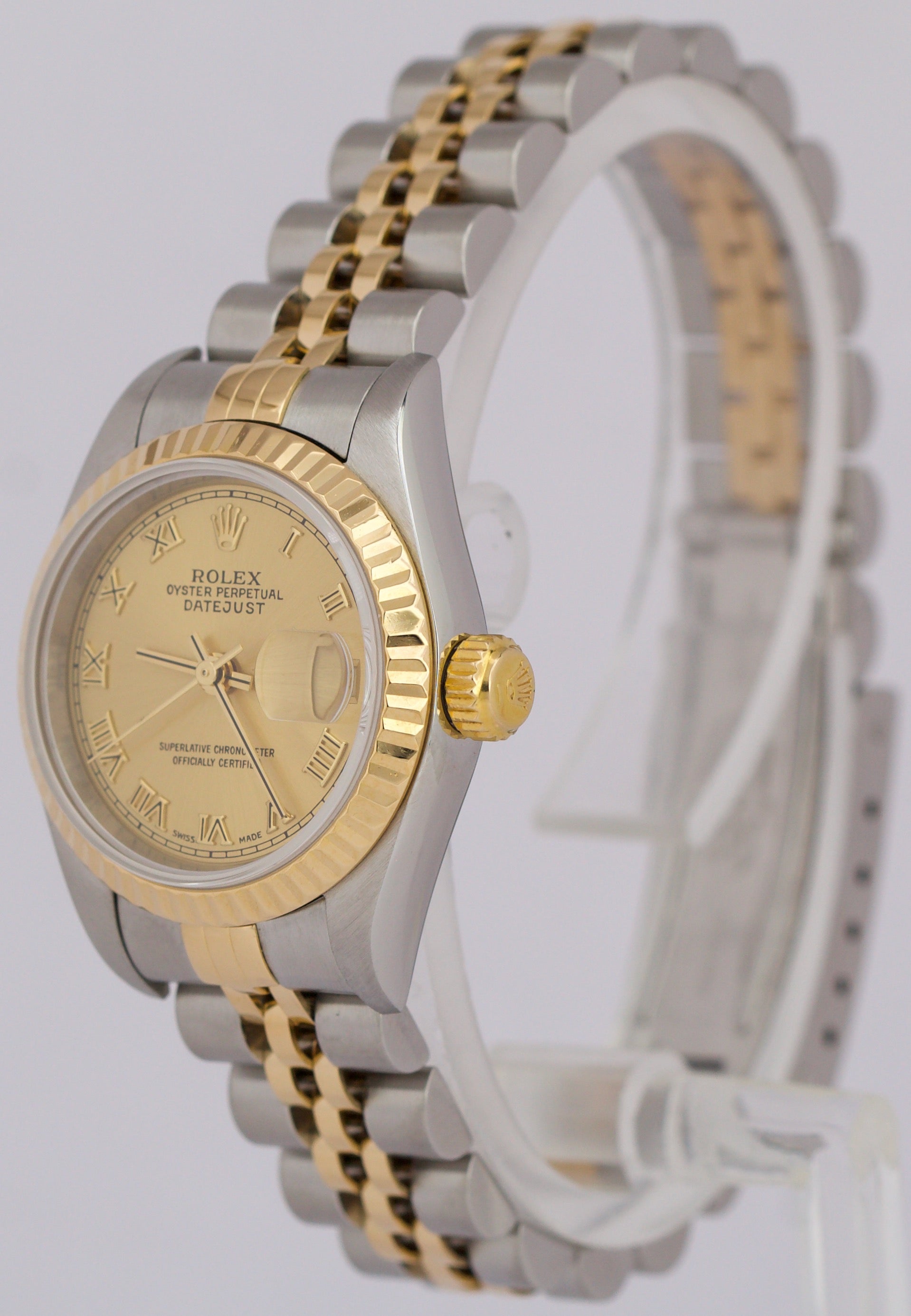 PAPERS Ladies Rolex DateJust CHAMPAGNE ROMAN 18K Gold 26mm JUBILEE 79173 BOX