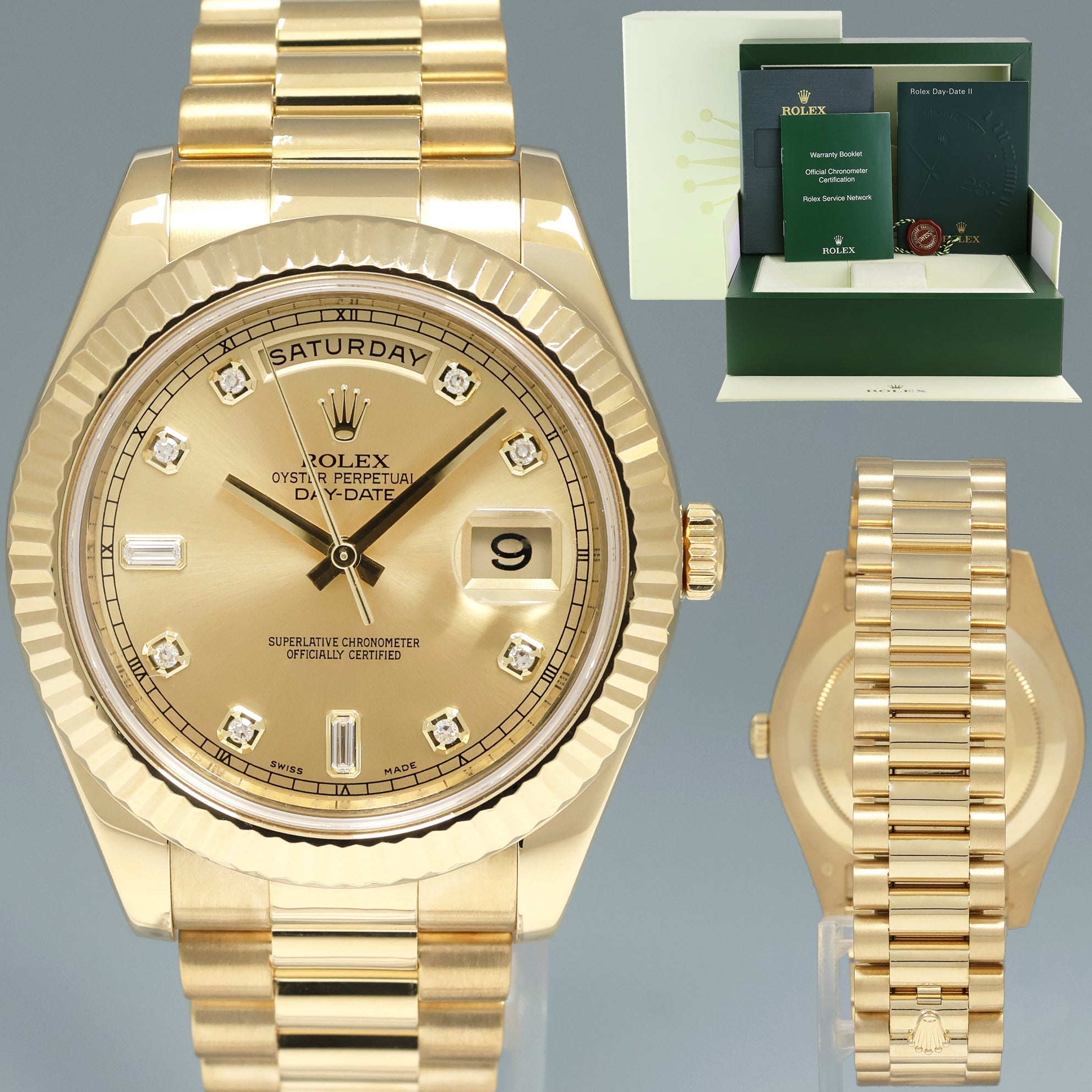 MINT Rolex Day Date II President Yellow Gold Diamond 41mm 218238 Watch Box