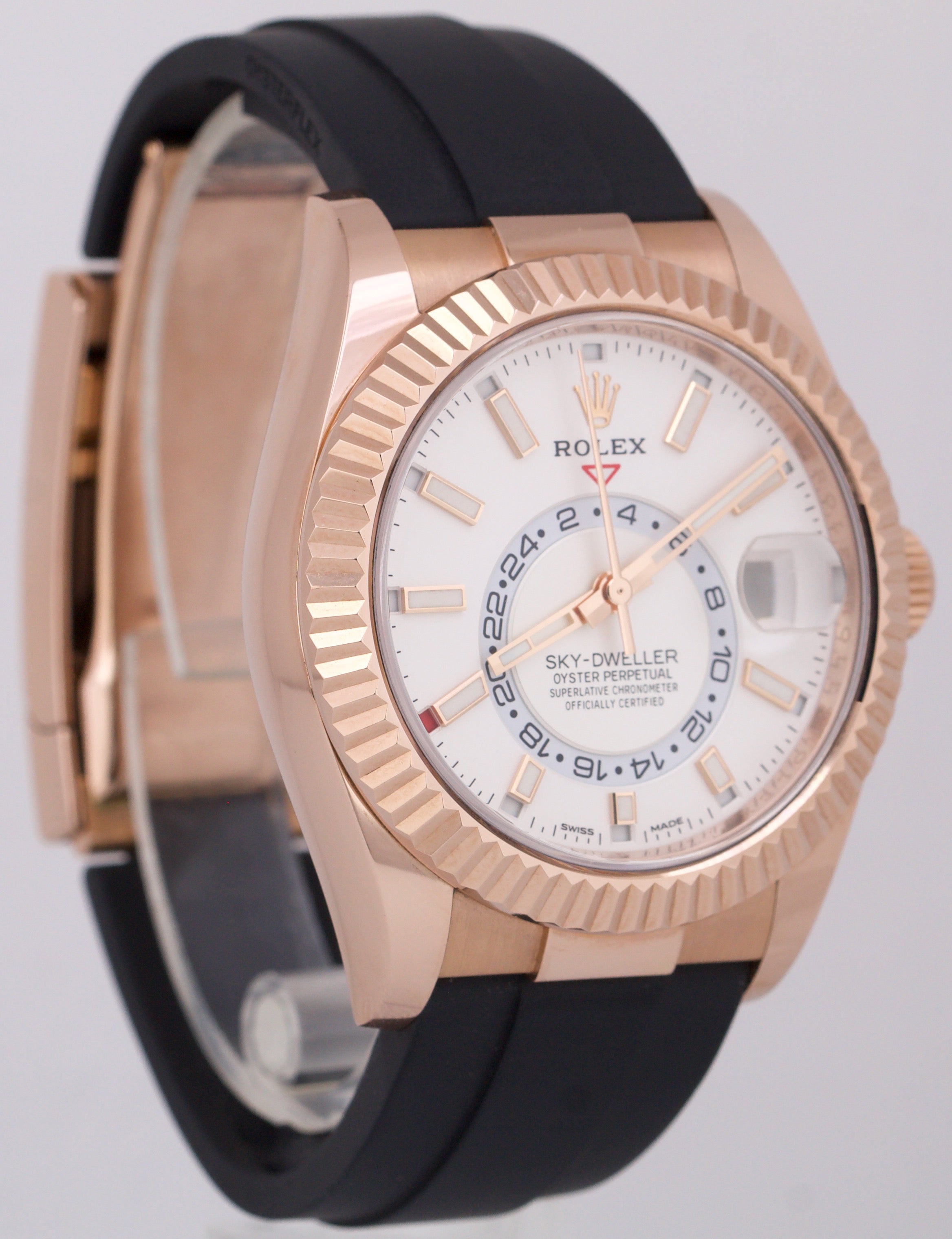 2023 Rolex Sky-Dweller WHITE 18K Rose Gold Fluted Oysterflex 326235 42mm BOX