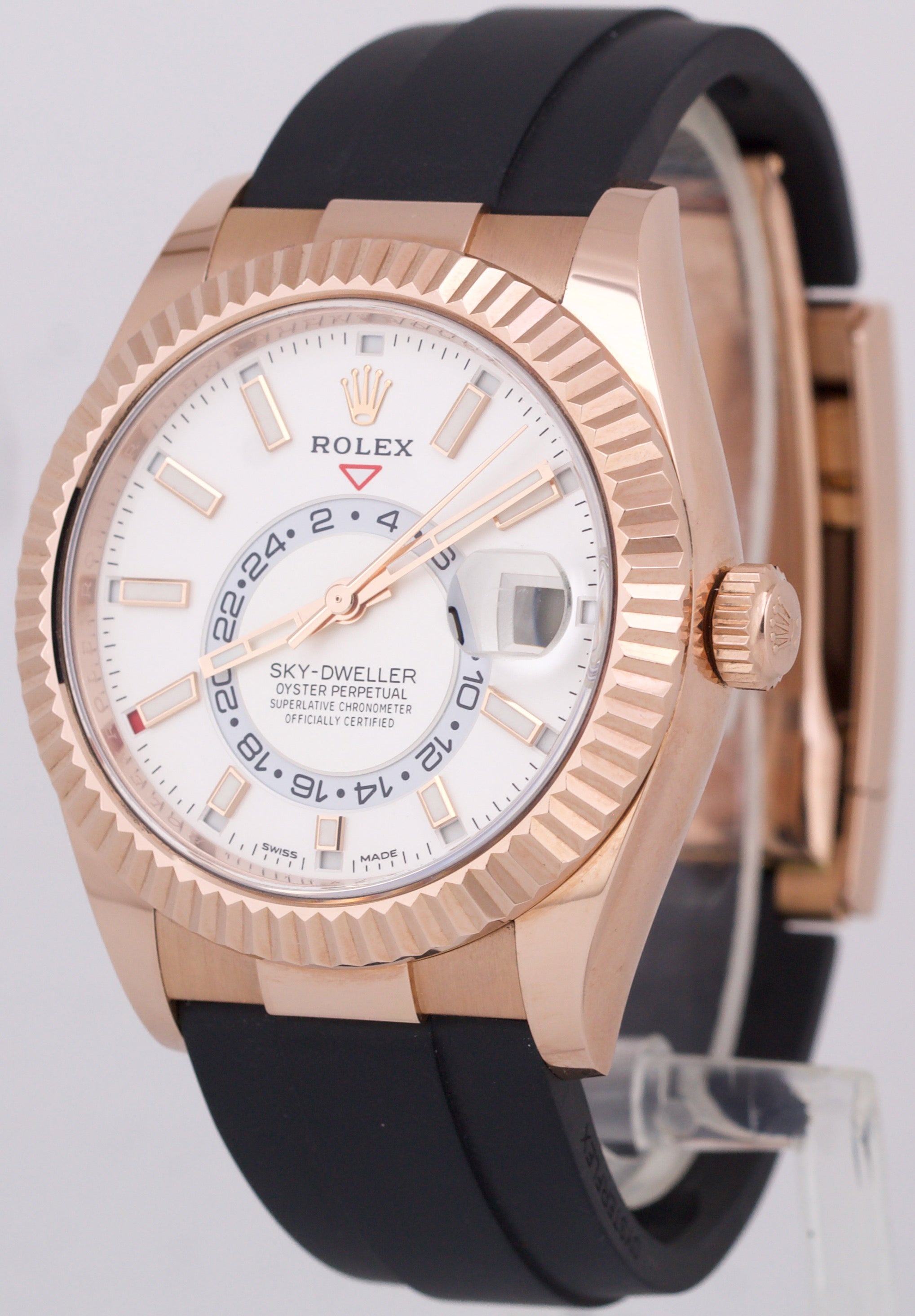 2023 Rolex Sky-Dweller WHITE 18K Rose Gold Fluted Oysterflex 326235 42mm BOX