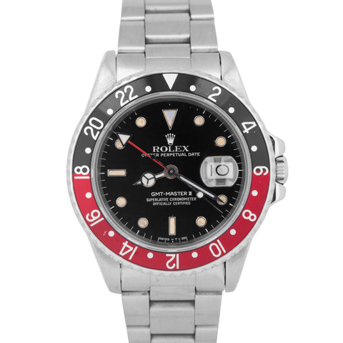 Rolex GMT-Master II 40mm Fat Lady Coke Red Black Patina Steel Watch 16760