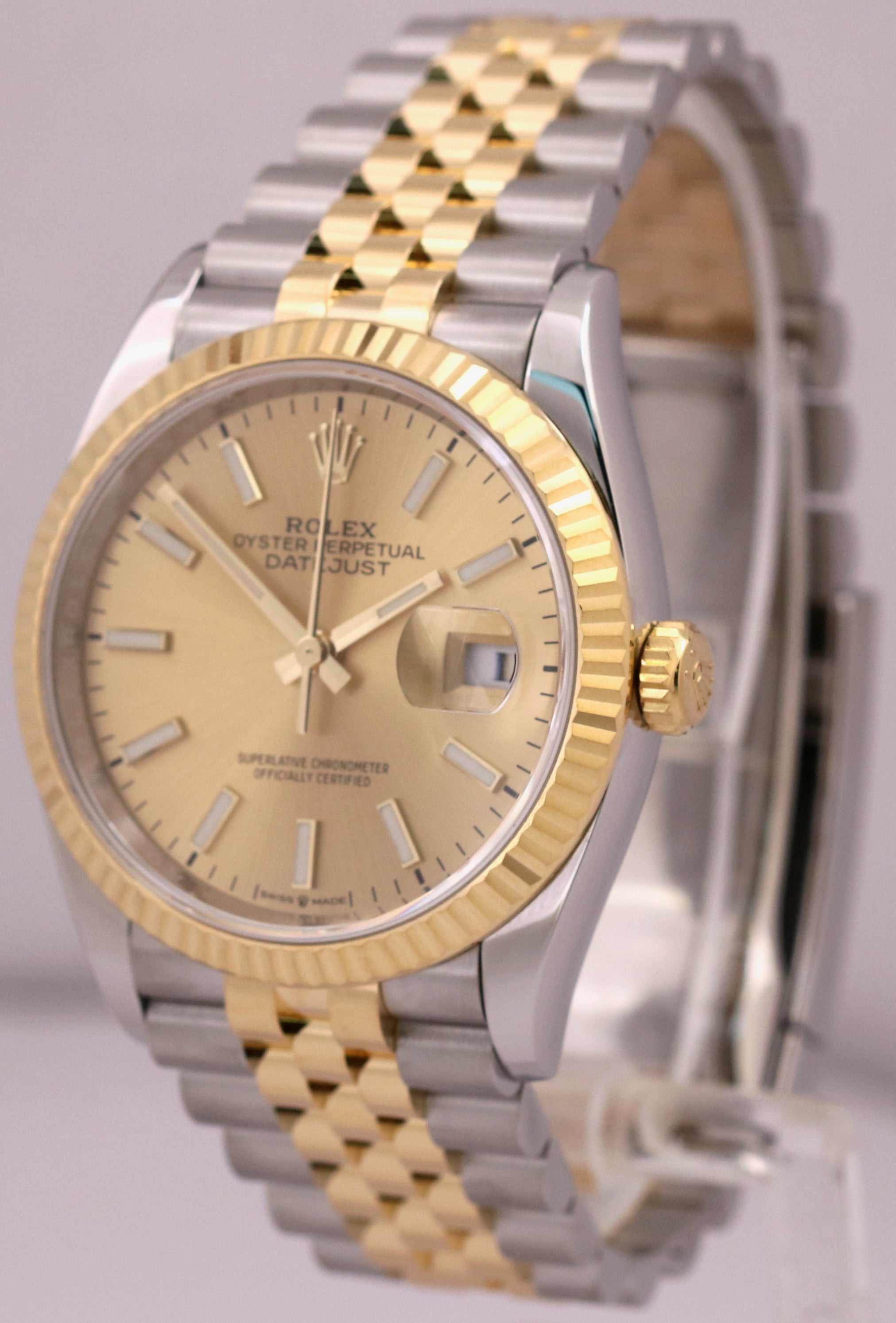 MINT Rolex DateJust 36 CHAMPAGNE 18K Gold Steel JUBILEE Fluted 36mm 126233 Watch