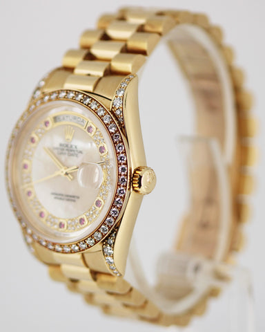 UNPOL. Rolex Day-Date President 18k Yellow Gold DIA Rubies MOP 36mm 18388 Watch