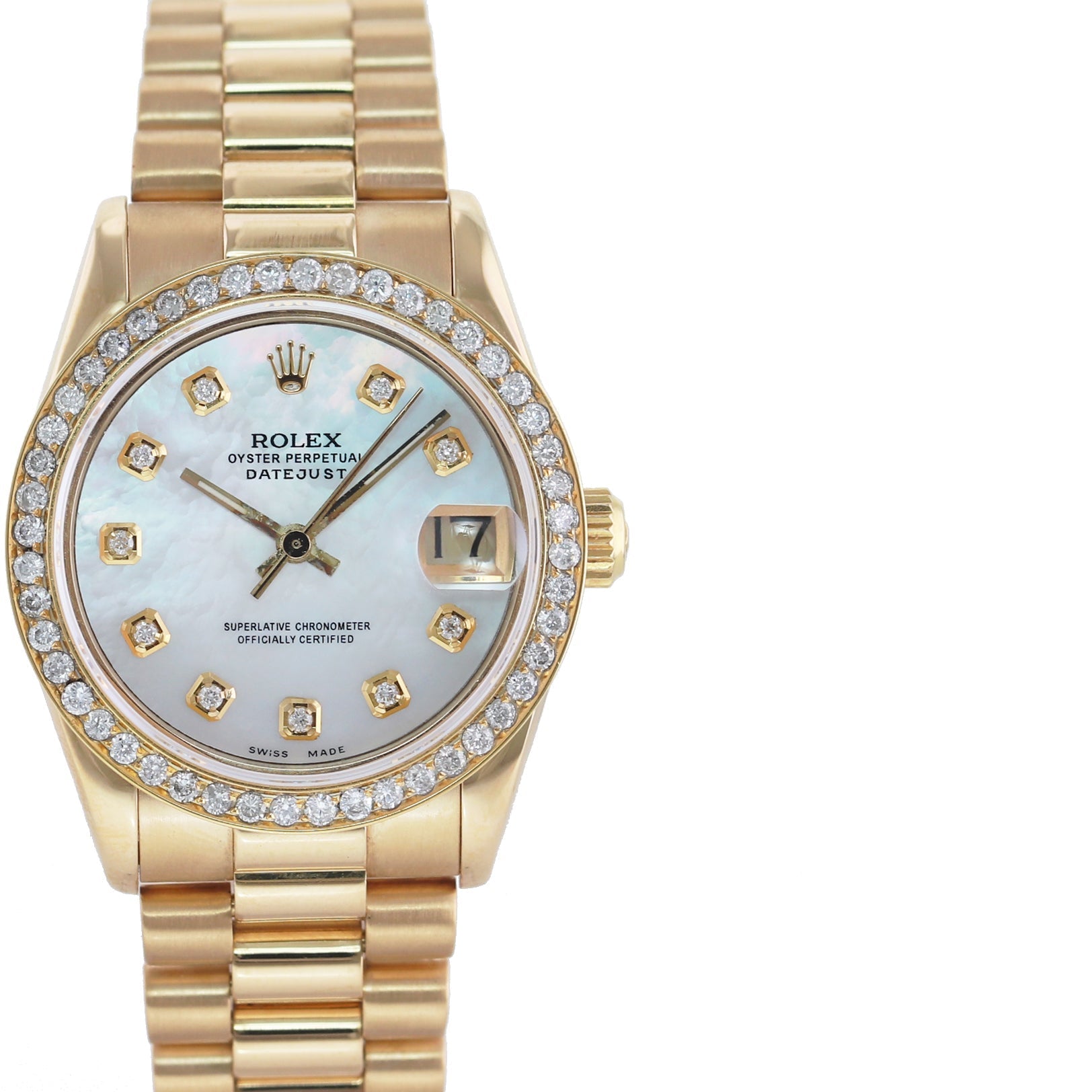 Ladies Rolex 68278 18k Yellow Gold 31mm Mother of Pearl Midsize Diamond Bezel Watch