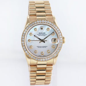 Ladies Rolex 68278 18k Yellow Gold 31mm Mother of Pearl Midsize Diamond Bezel Watch