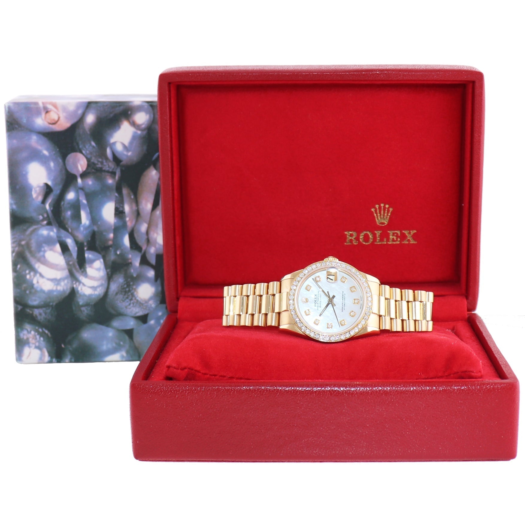 Ladies Rolex 68278 18k Yellow Gold 31mm Mother of Pearl Midsize Diamond Bezel Watch