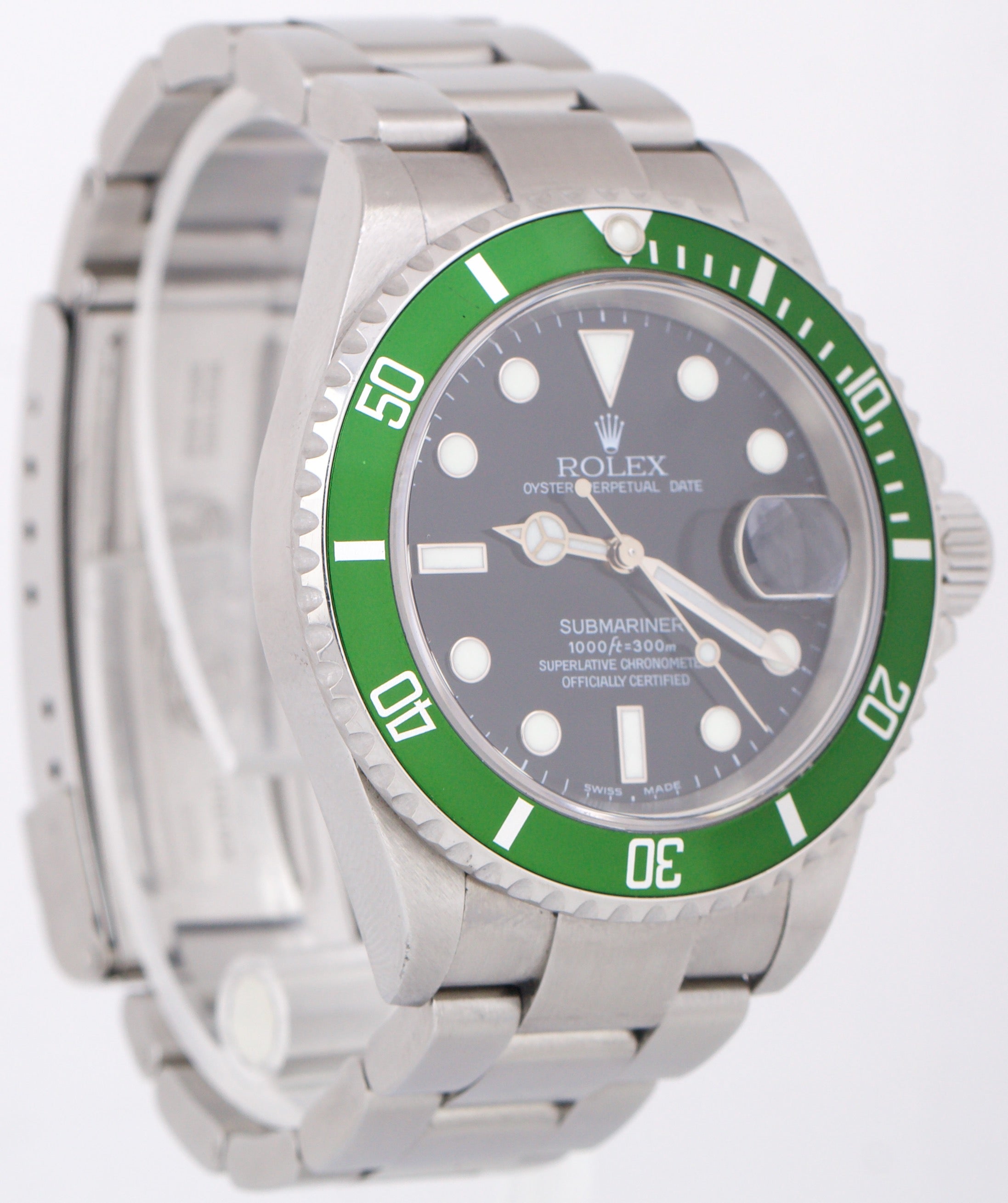 Rolex Submariner Date 40mm Kermit NO-HOLES Green Steel FLAT 4 Watch 16610 LV