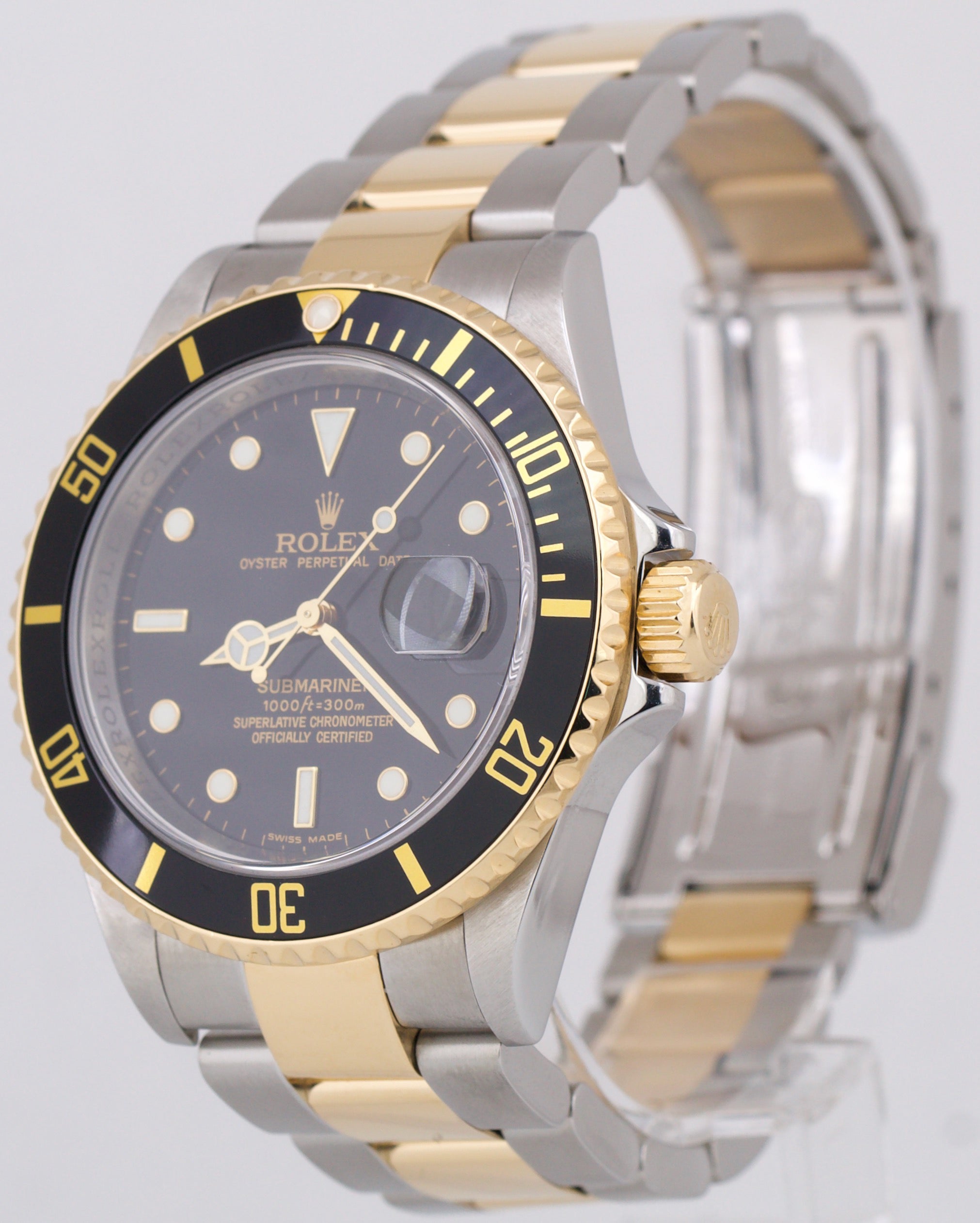 PAPERS Rolex Submariner Date 40mm BLACK 18K Gold NO-HOLES Steel REHAUT 16613 BOX