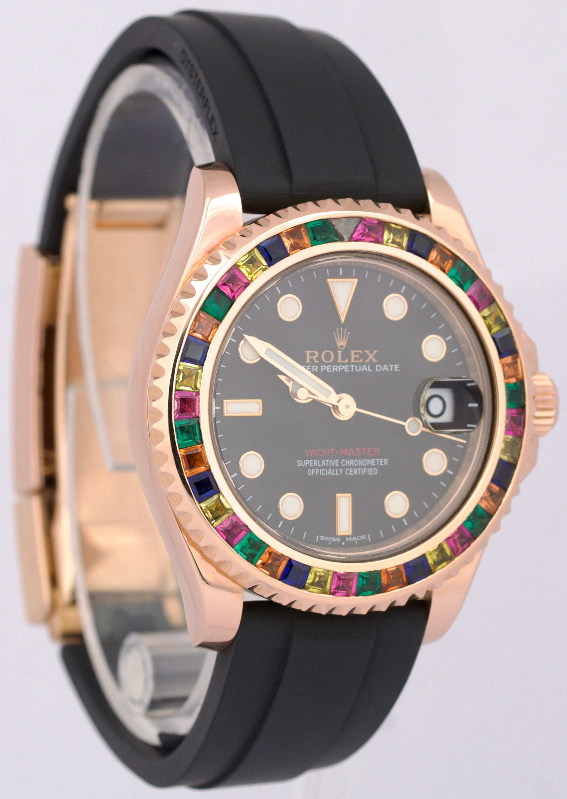 Rolex Yacht-Master 18k Rose Gold RAINBOW SAPPHIRE Black Oysterflex 37mm 268655