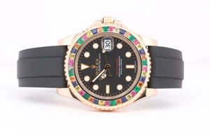 Rolex Yacht-Master 18k Rose Gold RAINBOW SAPPHIRE Black Oysterflex 37mm 268655