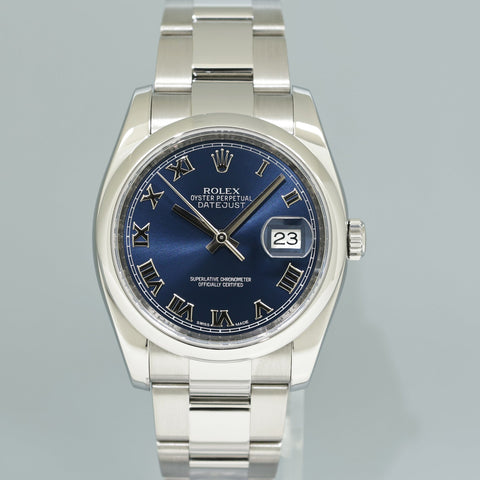 MINT Rolex DateJust 36 116200 Blue Roman Oyster Steel 36mm Watch Box